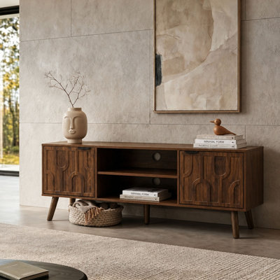 Meuble télé moderne de style Mid-Century de 47,2 pouces avec portes sculptées géométriques et pieds fuselés en bois massif