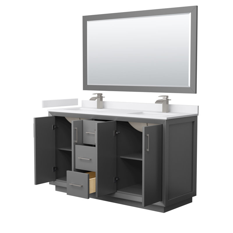 Ensemble de meuble-lavabo double 60 "avec miroir_Carrara Strada, Marbre de culture de Carrare, Gris foncé, Nickel brossé