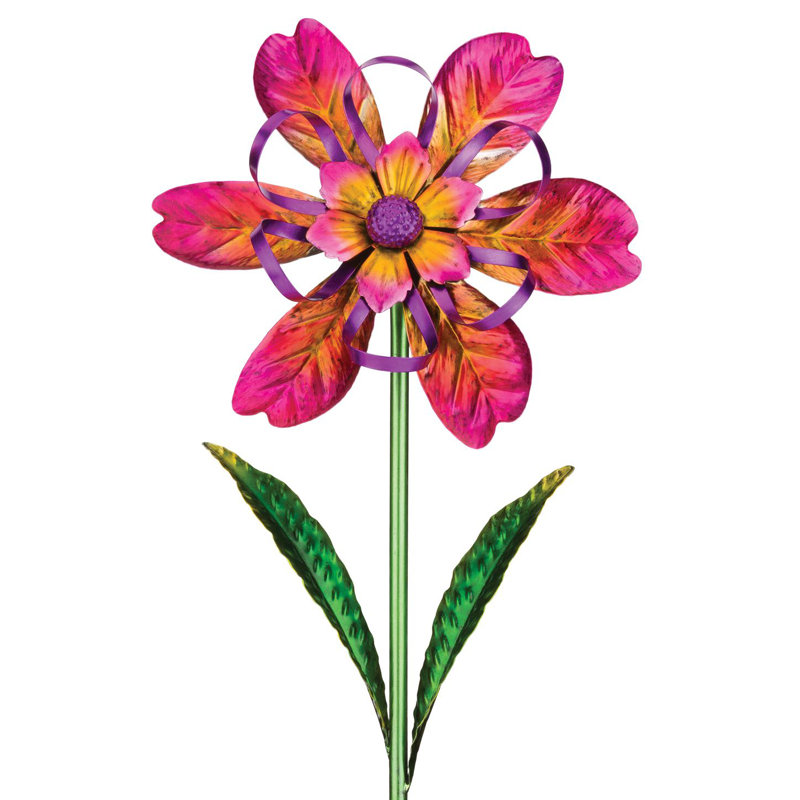 Pink Metal Flower Ribbon Spinner Stake