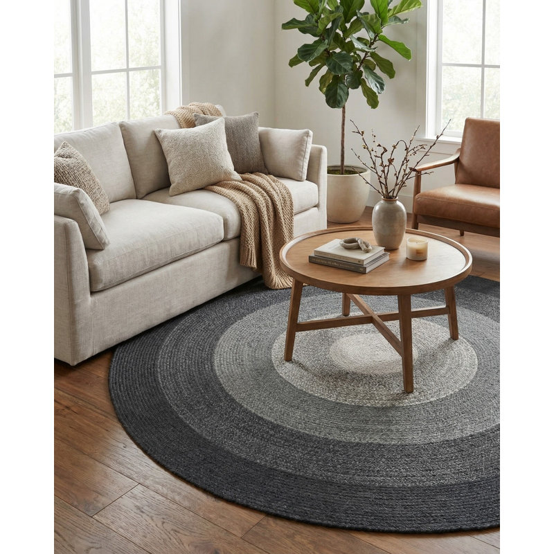  Ombre Hand Braided Wool Rug, Gray, Round 7'10"