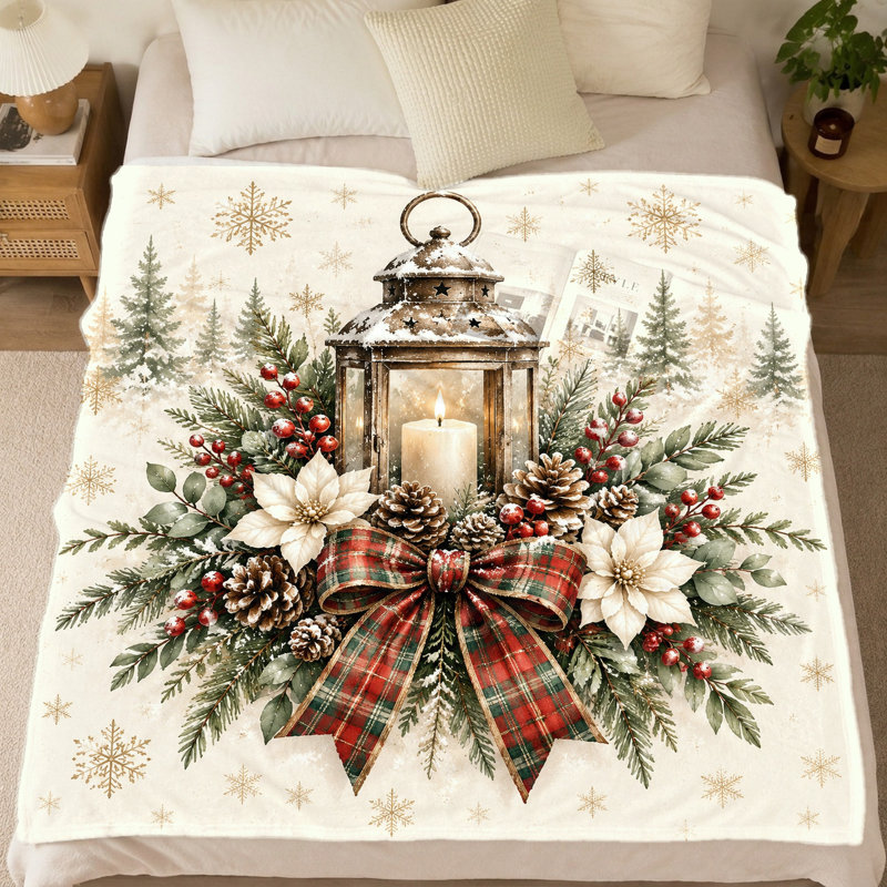 1Pcs Christmas Lantern Print Flannel Blanket – Festive Winter Scene;Warm and Cozy ThrowPerfect for Holiday Home DecorEasy Care Portable TravelIdeal Gift. Bedding and sofa items