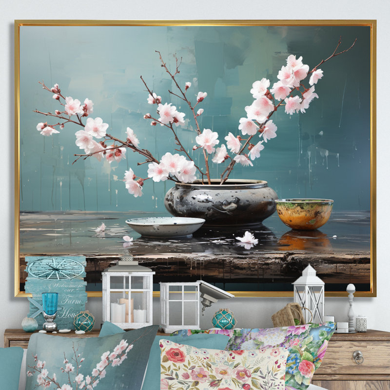 Art asiatique, jardin zen, art mural asiatique, Cadre flottant doré, 16" H x 32" W