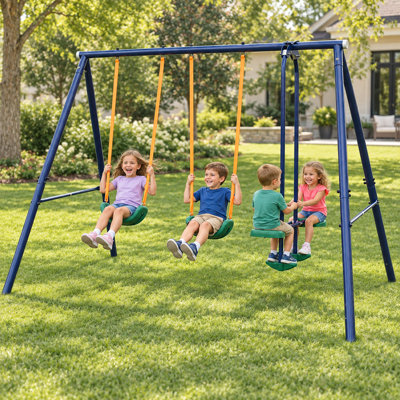 Heavy-Duty Metal Swing Set for Backyard with 2 Belt Swings and 2-Person Glider, 400 lb. Capacity Outdoor A-Frame Playset for Kids Ages 3–8, Navy Blue