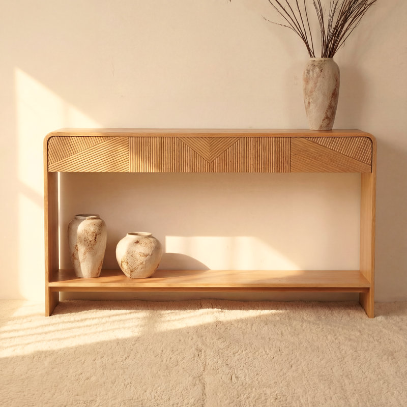 VISTA 60" White Oak Console Table with Sculpted Slat Detailing & Chevron Apron – Natural, Naturel