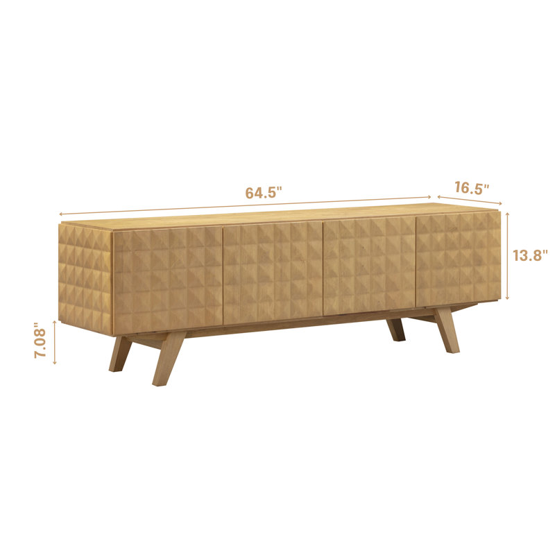  Sapa Mid-Century Modern Solid Wood TV Stand 4-Door Media Console with Carved Geometric Fronts for TVs up to 75", Effortless Assembly