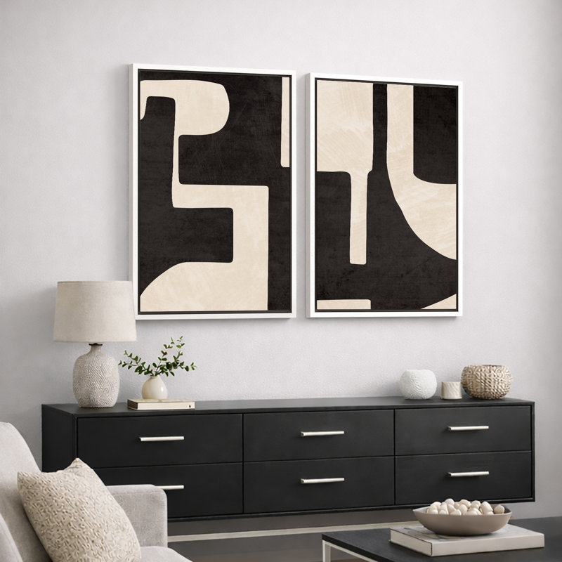 «Mid Century Shape», art moderne géométrique noir et crème, photos murales abstraites neutres et élégantes, impression sur toile encadrée 2 pièces, 16 x 24 x 2, 24 x 36 x 2