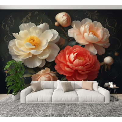 Papier peint pelez et collez, bouquet de fleurs de pivoine, fleurs de corail crème, papier peint botanique rétro foncé, H 100 po x l 144 po, papier mural amovible en PVC, adhésif pour chambre à coucher, bureau à domicile