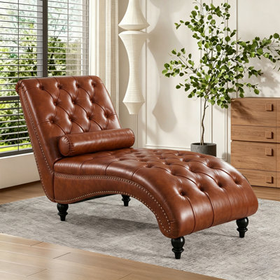 PU Leather Chaise Lounge Chair with Toss Pillow, Mid Century Modern Lounge Chair with Tapered Legs, Upholstered Tufted Button Indoor Sleeper Chair for Living Room, Bedroom