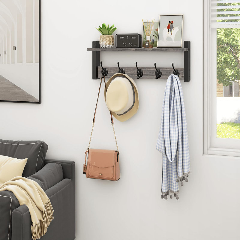 Portemanteau mural en bois avec tablette, Gris rustique