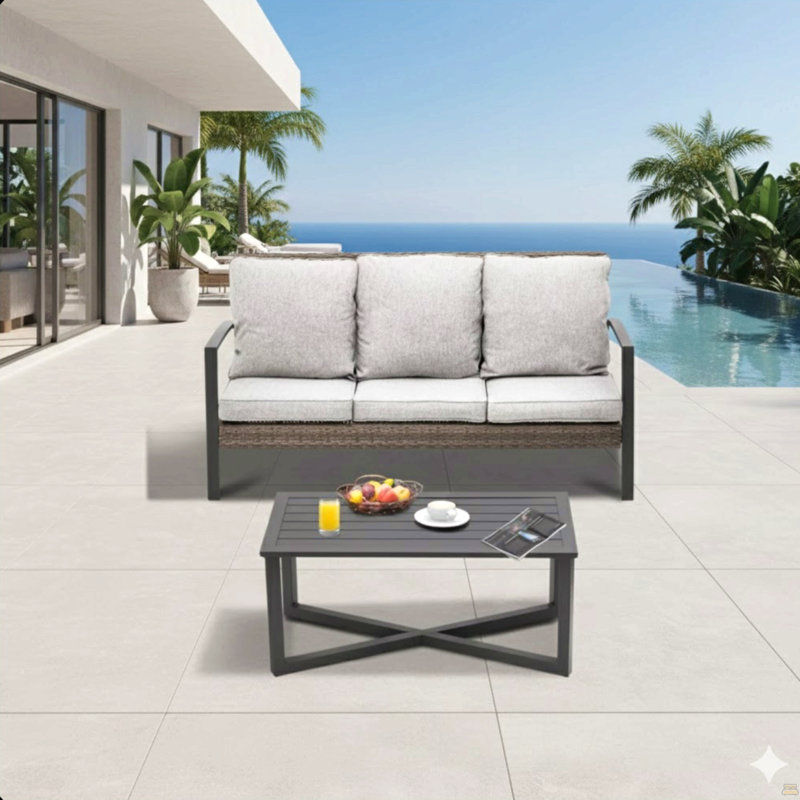 2-Piece Wicker Patio Conversation Set With Cushions & Coffee Table, Gray