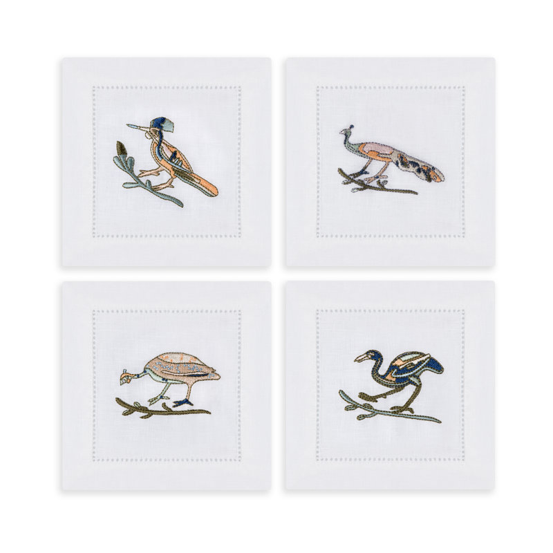 Bird Motif Embroidered Linen Cocktail Napkins