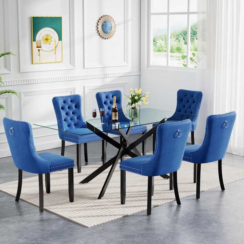 7 Piece Glass Dining Table Set for 6, Modern 60" Glass Kitchen Table with Metal Leg, Tufted Velvet Upholstered Dining Chair, Rectangle Dining Table and Chairs Set for Kitchen
