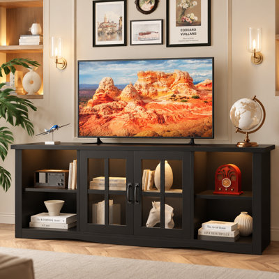 Rustic Farmhouse 58" Tv Stand For Tvs Up To 65", Solid Wood Entertainment Centre With Glass Doors, Adjustable Storage, Built-In Charging Hub & Smart Led Lighting