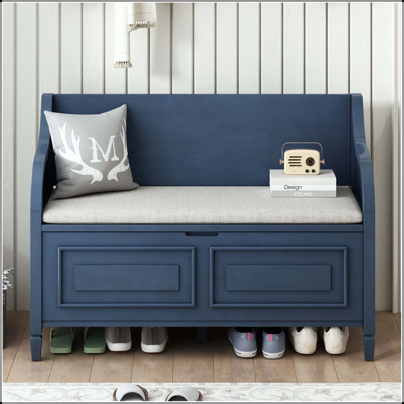 Banc de rangement en bois massif rustique avec charnière de sécurité et coussin amovible, Bleu marine antique