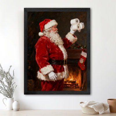 Black Framed Vintage Santa's Toilet Paper Hoard Wall Art Hyper realistic oil painting Humorous Style Framed Prints