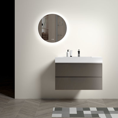 Meuble-lavabo moderne de 36 po de couleur grise - fixé au mur avec une grande capacité de rangement, des glissières de tiroir silencieuses et une poignée à la mode - formation de lavabo d'apparence, double rehausseur, machine silencieuse, look chic
