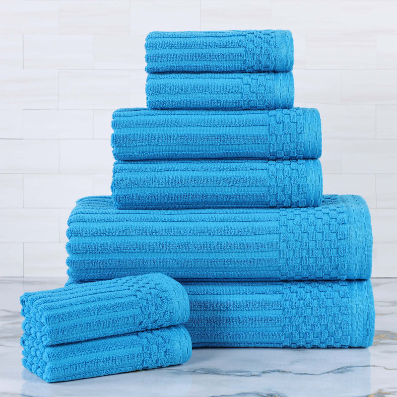 Collection de serviettes à bordure à carreaux en coton 8 pièces Soho Spa, Bleu ciel, Ensemble de serviettes 8 pièces
