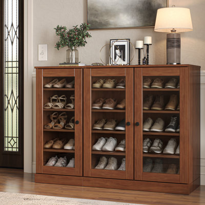 Armoire de rangement à chaussures 100% en bois massif avec porte en verre, tablettes réglables, rangement modulaire pour vestibule, l 48,5 po x H 35,75 po
