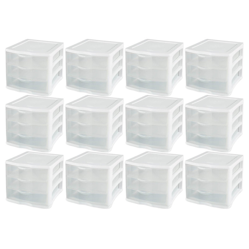 Sterilite Clear Plastic Stackable Small 3 Drawer Storage System, White
