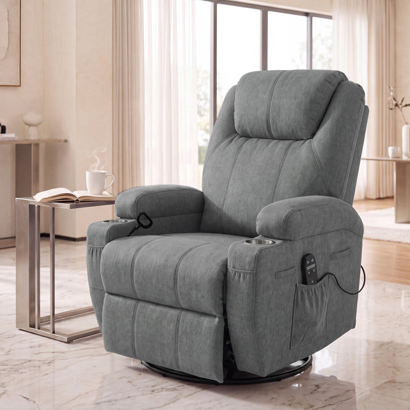 Reclining  Massage Chair with Swivel and Rocking Function, Gray Fabric