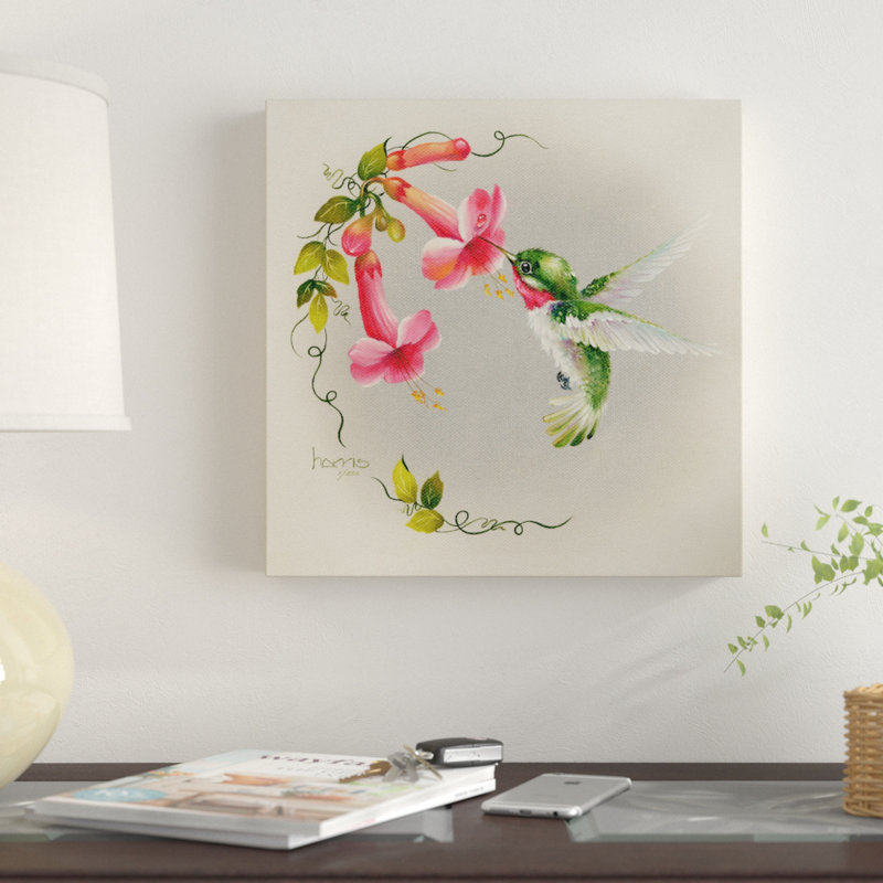 «Hummingbirds with Trumpet Flowers», reproduction de peinture acrylique sur toile tendue, H 24 po x l 24 po x P 2 po