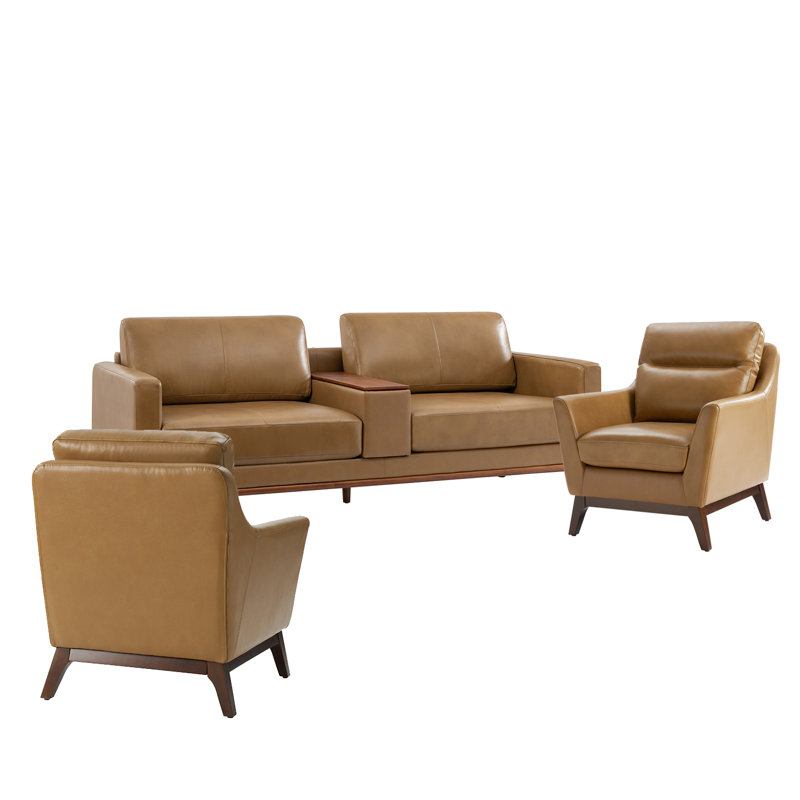 Ensemble de salon en cuir véritable 3 pièces Plina, Chameau