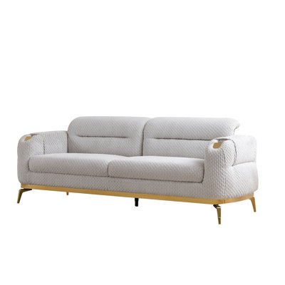 3 - Seat Modern Gray , Soft Upholstery, Gold Trimmed Armrest Structural Details Cut Chenille Legs, Ergonomic Seating Support System