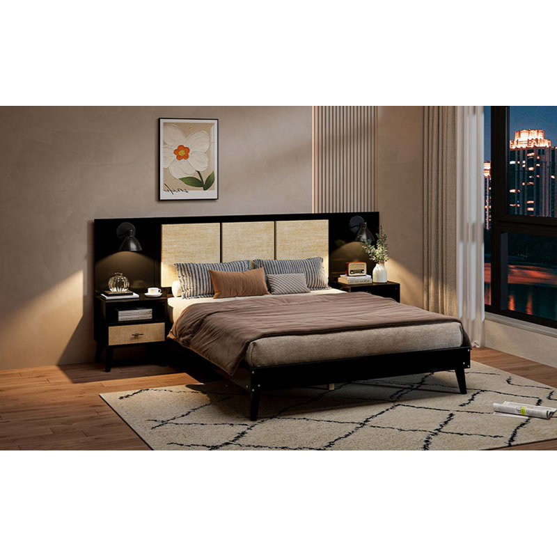 Structure de lit grand format en rotin et bois avec 2 tables de chevet et lampes, Noir