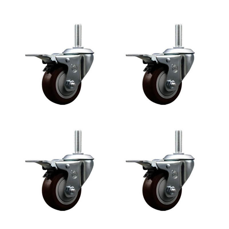 Ensemble de roulettes à tige filetée en poly 3/4 po avec serrure totale BRK, Marron