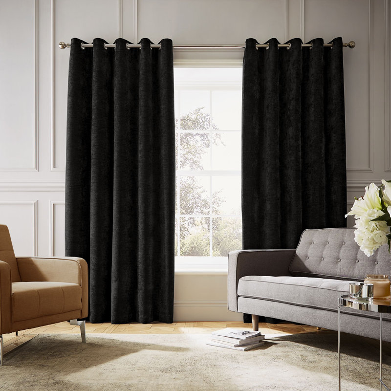 Selene Luxury Chenille Weighted Thermal Eyelet Cur Pair, 90.16cm Width x 183cm Drop, Black