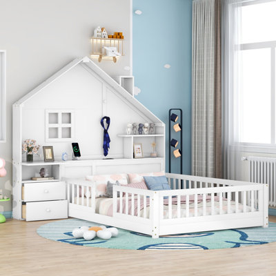 Full Size House Platform Bed with Windows, Drawers, Shelves, and Built-in USB Ports & Power Outlets, White