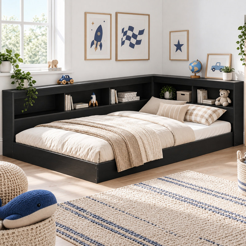 Structure de lit d'angle avec lit simple et rangement noir, Twin, Black