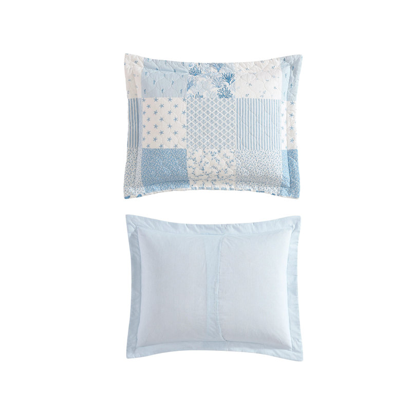 Laura Ashley Colleens Coastal Patchwork Cotton Blue Quilt Set, Queen Quilt + 2 Standard Shams