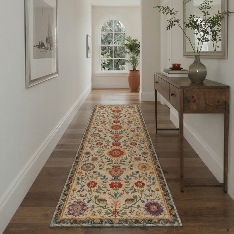 Astraea Vintage Machine Washable Beige Indoor Area Rug with Non-Slip Backing, Runner 2' x 6'