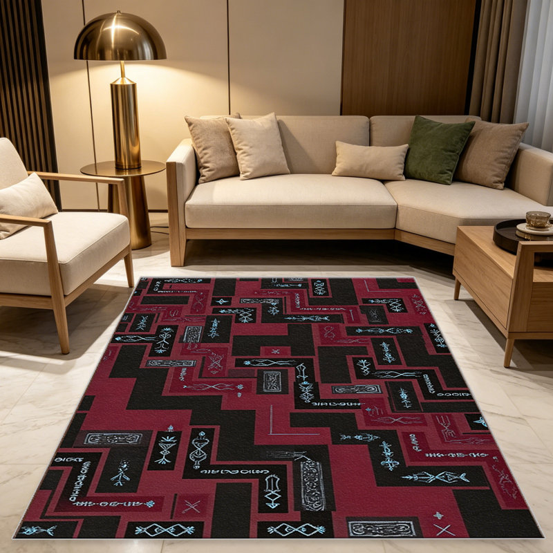 Red Tribal Geometric carpet-easy to clean, machine-washable, soft and comfortable; suitable for door mats, kitchens, living rooms, bedrooms, corridors, and laundry areas. Easy to clean, durable carpet for home decoration.