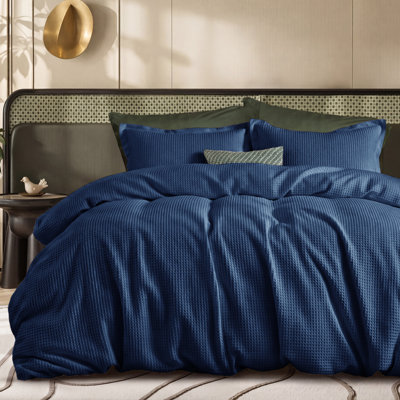 Ensemble de literie pour lit de grand lit en coton tissé gaufré 100% bleu pour toute saison (ensemble de 3)