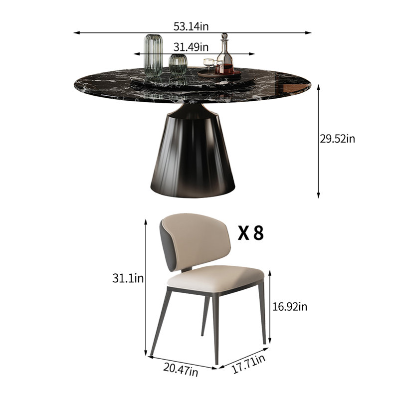 Ensemble de table de salle à manger Luxury Modern, 9 pièces : table, 8 chaises, H 29,52 po x L 53,14 po x l 53,14 po