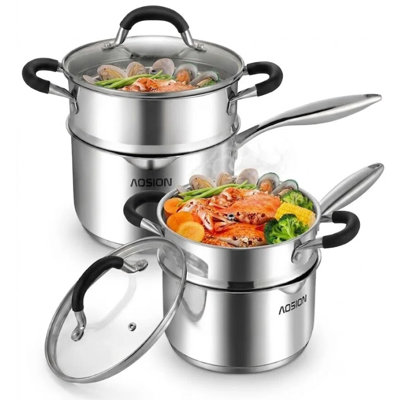 2.5+3.5 Quart Stainless Steel Saucepan with Steamer Basket,Small Pots for Cooking,Steamer Pan with Pour Spout,Strainer Glass Lid,Perfect For Vegetables Boiling Gravies,Pasta,Noodles