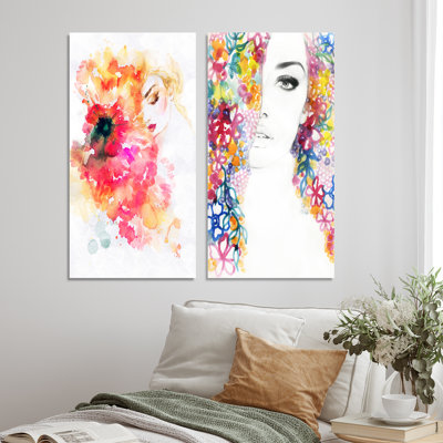 " Floral Woman Portrait III " 2 - Pieces Painting Print