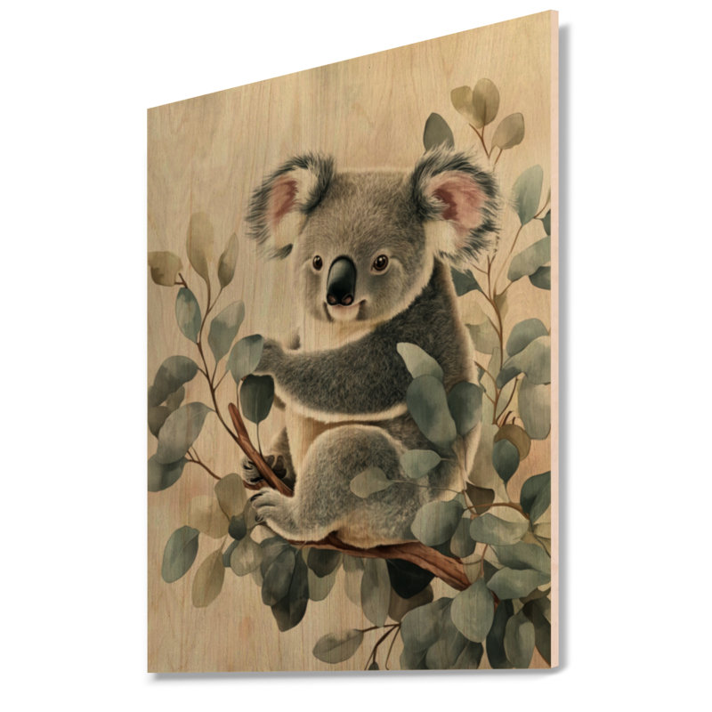 Koala parmi les eucalyptus - Art mural en bois pour chambre de bébé, H 32 po x l 24 po, Rectangulaire