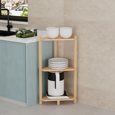 Étagère de coin à 3 niveaux, étagère de rangement 100% en bambou véritable