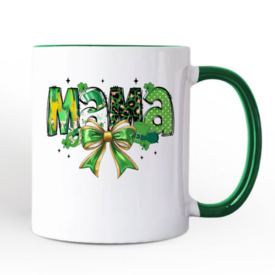 Coquette Mama Bow St Patrick’s Day Mug, Green Lucky Shamrock Clover Gift with Custom Name