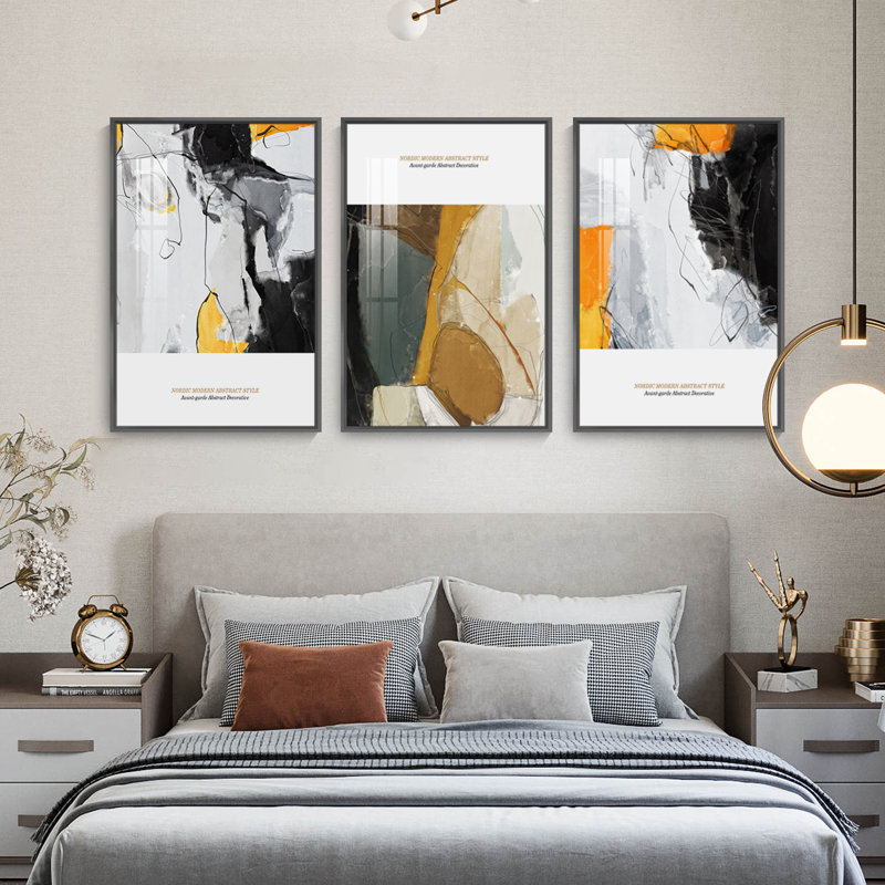Abstrait aluminium encadré, ensemble de 3 reproductions d'art encadrées sur toile, H 24,3 po x l 48,3 po x P 1,65 po