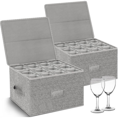 Wine Glass Storage Box 2-Pack, Stemware Container Cases, Stackable w/Hard Shell Top Sides Bottom, Moving Supplies, China Storage Containers for 24 Crystal Glasses Drinkware 9.6'' Tall, Grey