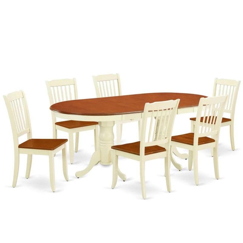 7 Piece Dining Room Table Set Consist of an Oval Wooden Table with Butterfly Leaf and 6 Kitchen Dining Chairs, Buttermilk & Cherry