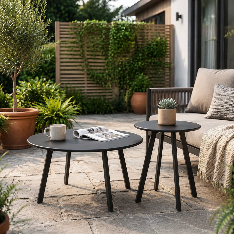 Ensemble de 2 tables basses gigognes rondes, acier noir.