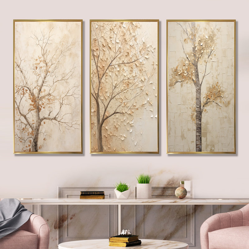 «Minimalisme», arbre d'érable beige solitude, Cadre flottant doré, H 28 po x l 36 po