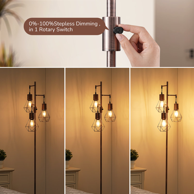 Crevan 65" Dimmable Rattan Tree Floor Lamp With 3 Bulbs Included, Antique Red Copper