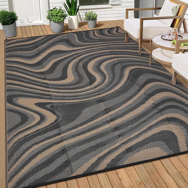10X20 Area Rugs Outdoor Waterproof Rug, Modern Plastic Straw Rug With Portable Bag, Foldable Lightweight Reversible UV Resistant Mats For Backyard, Picnic, Beach, RV, Porch, Black Coffee