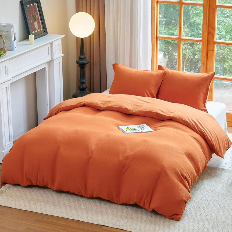 Ensemble de housse de couette en mousseline 100% coton lavé pour toutes les saisons, Orange brûlé